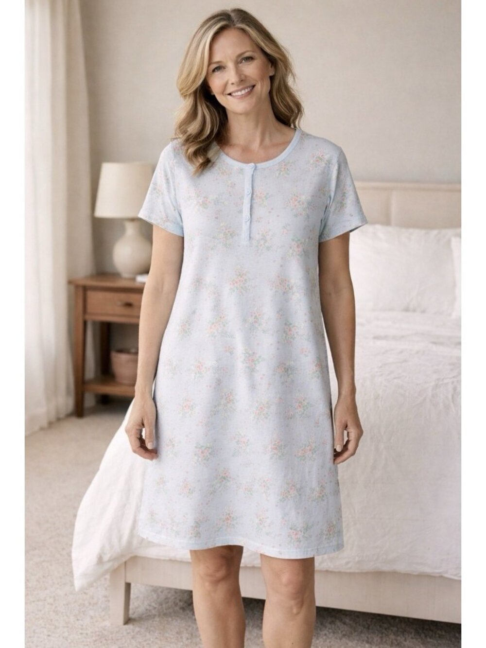 Charter Club Womens Cotton Chemise Nightgown Blue Floral Bouquet Short Sleeve XS